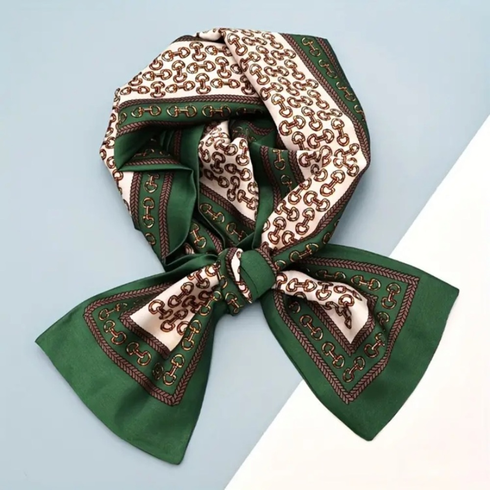 New Long Multipurpose Saddle Print Scarf Silk Like Green Cream Brown Stripe - Picture 7 of 13